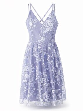 BCX Lavender Floral A-Line Mini Dress with White Embroidered Overlay